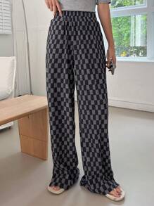 FRIFUL Women's Checkerboard Printed Simple Daily Long Pants Plaid - Dark Grey - View 7