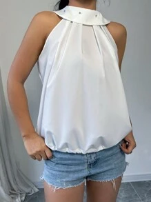 Chiquease Camisa sin mangas de cuello alto de unicolor con decoración metálica, verano - Blanco - Ver 4