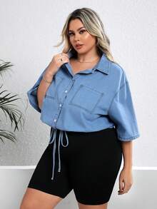 SHEIN CURVE+ 大尺碼休閒牛仔襯衫短袖藍色 - 藍色 - 查看 5