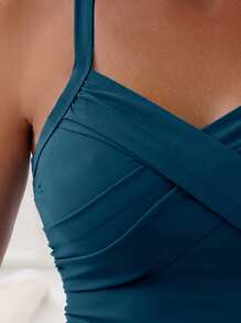 SHEIN Swim 夏季沙灘純色褶皺修身一件式泳衣，配有肩帶 - 水鴨藍 - 查看 4