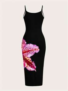 SHEIN EZwear Women Floral Orchid Print Sleeveless Bodycon Dress, Summer - White - View 2