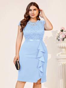 MIUSOL Plus Sheer Floral Lace Bodice Ruffle Draped Cocktail Party Split Hem Dress - Baby Blue - View 3