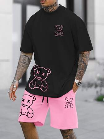 Manfinity LEGND Herren Set aus kurzer Hose mit Cartoon Bär Muster, Rundhals Kurzarm T-Shirt und Kordelzug Taillenshort für den Sommer