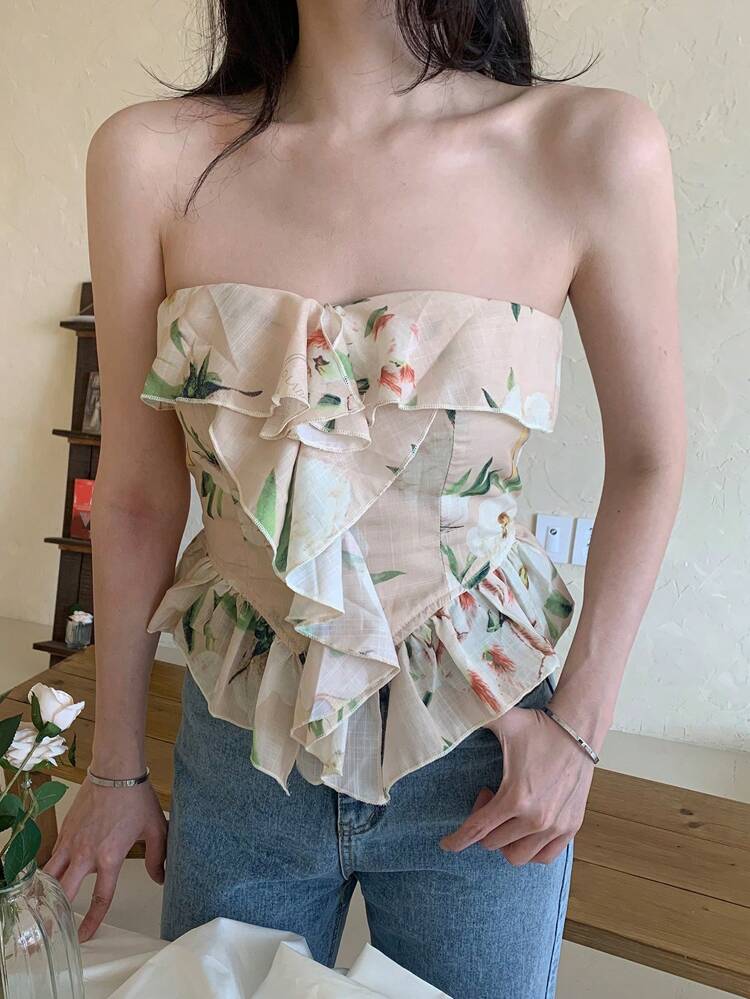 Women's Elegant Strapless Floral Ruffle Trimmed Tube Top, Summer Cruise Women Outfits,Boho Tops,Crop Tops Women Going Out Tops Vacation Outfits Women Easter