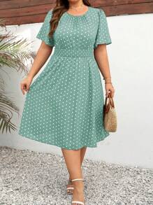 SHEIN Clasi Plus Size Polka Dot Printed Round Neckline A-Line Summer Short Sleeve Dress Maxi Women Outfit - Mint Green - View 5