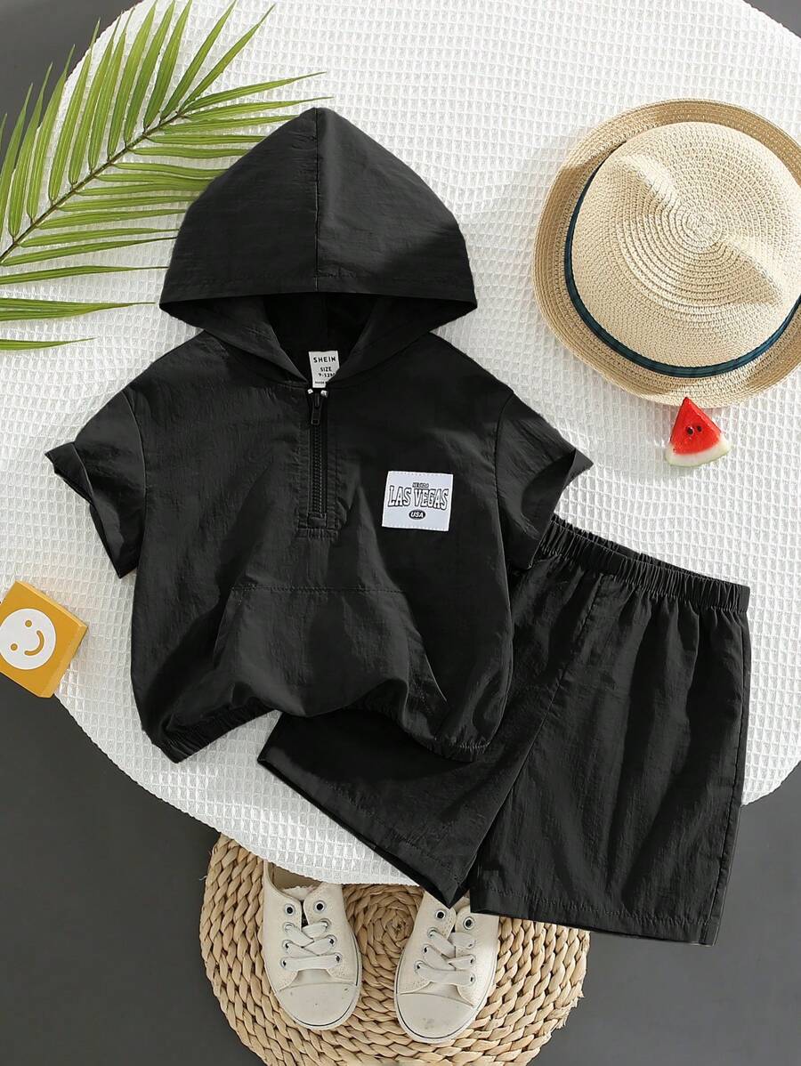 SHEIN Set de pulover cu glugă cu jumătate de fermoar și pantaloni scurți de culoare uni cu rever decorativ - Negru - Vizualizare 1