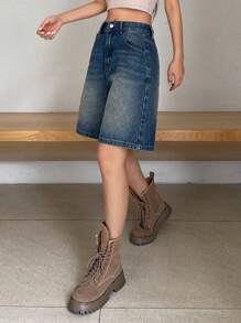 DAZY Quần short Bermuda denim dáng rộng có túi dành cho nữ. - Rửa trung bình - Xem 2