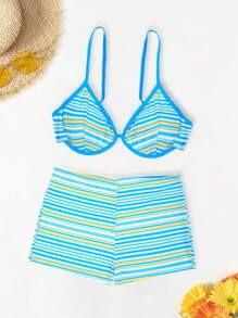 Ladies' Striped Printed Holiday Bikini Set Including Bralette And Bikini Bottom Summer - Blue and White - View 1