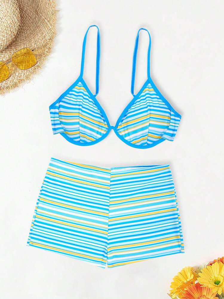 Ladies' Striped Printed Holiday Bikini Set Including Bralette And Bikini Bottom Summer