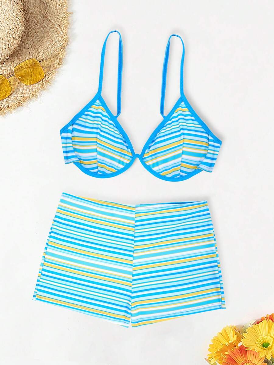 Ladies' Striped Printed Holiday Bikini Set Including Bralette And Bikini Bottom Summer - Blue and White - View 1