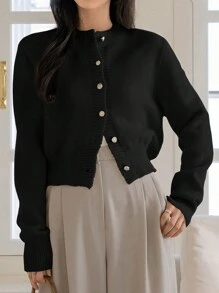 Dazy-Less Solid Button Front Cardigan,Long Sleeve Tops Old Money Style Business Casual Women,Fall Clothes - Black - View 4