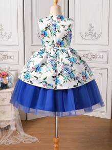 SHEIN Tween Girl Elegant Blue Party Dress With Round Neck, Sleeveless, Bowknot Decoration Suitable For Performances, Parties, Birthdays, Etc.