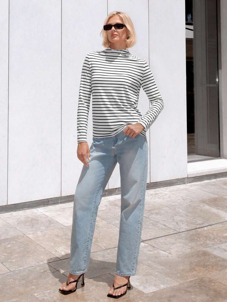 Women's Casual Black And White Striped High Neck Embroidered T-Shirt