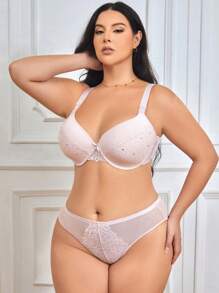 DesireSculpt Set de 2 sujetadores con aros y copas moldeadas, de encaje de pestañas y malla de color rosa, talla grande, lencería
