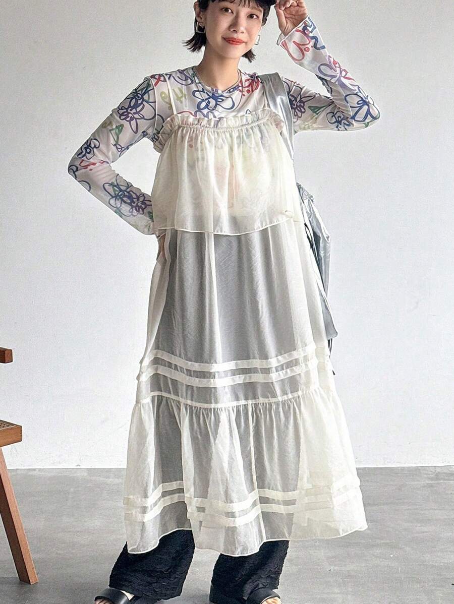 FRIFUL Robe à bretelles en maille de couleur unie pour un port quotidien simple, Robe maxi à volants - Blanc - Voir 1