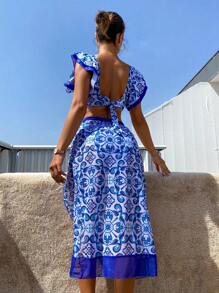 Swim Vcay Set de bikini con estampado floral y falda a juego con volantes para vacaciones de verano (estampado aleatorio) - Multicolor - Ver 2