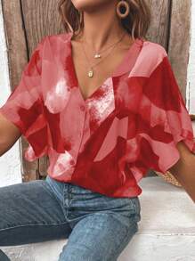 SHEIN LUNE Sommerliches Freizeithemd mit Knopf-Details und Kontrastfarben am V-Ausschnitt