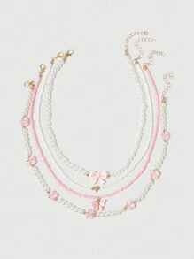 ROMWE Kawaii 4 件装粉色心形和蝴蝶吊坠人造珍珠串珠项链情人节 - 粉色 - 查看 1