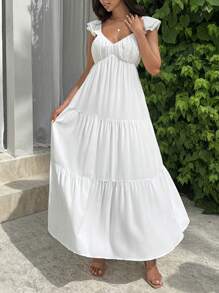 SHEIN Privé Vestido Longo de Decote em V de Manga Curta Branco para Mulheres, Vestidos Brancos, Vestido Longo Fluido, Vestido de Decote em V, Vestidos de Verão, Para Festas de Casamento de Verão, Festivais de Música, Temporada de Formatura, Férias, Formatura, Transporte, Encontros Românticos, Dia do Professor, Elegante - Branco - Visão 7