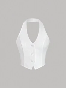 SHEIN Unity 夏季單排扣雙肩帶上衣和裙子套裝 - 白色 - 查看 4