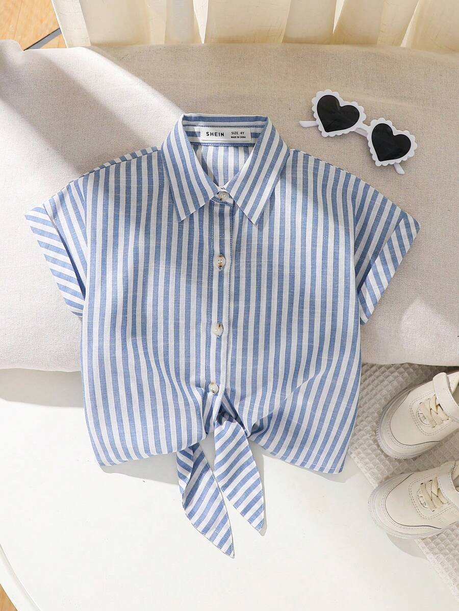 SHEIN 年輕女孩休閒合身落肩極簡條紋襯衫，綁帶肩帶設計 - 彩色 - 查看 1