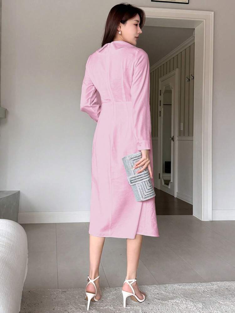 Elegant Solid Color Wrap Long Sleeve Dress For Spring/Fall Shirt Dress Maxi Dress