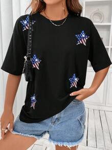 SHEIN Unity Women's Summer Casual T-Shirt With Glittery Star Print And Round Neckline - Black - View 6