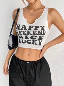 SHEIN Unity 女士夏季無袖背心，印有字母圖案 - 白色 - 查看 3