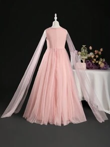 SHEIN Tween Girl Wedding Season Lace Contrast Mesh Applique V-Neck Long Sleeve Formal Dress For Weddings, Flower Girls, Banquets, Birthdays, Parties