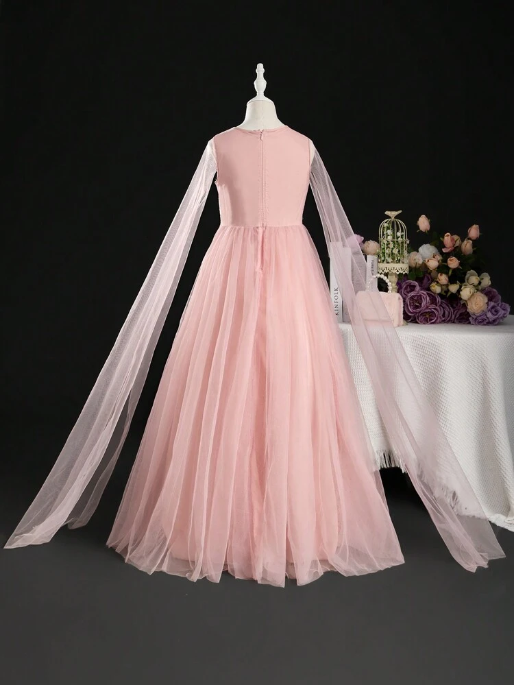 Tween Girl Wedding Season Lace Contrast Mesh Applique V-Neck Long Sleeve Formal Dress For Weddings, Flower Girls, Banquets, Birthdays, Parties