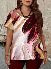 EMERY ROSE 大尺碼女士夏季休閒大理石圖案印花T恤和七分褲套裝