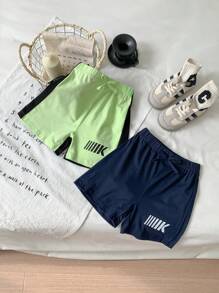 2pcs/Set Baby Boys' Spring/Summer Comfortable Sporty Casual Bottoms, Featuring Fluorescent Green & Navy Blue Patchwork Design