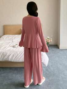 DAZY 针织蝴蝶结腰带荷叶边下摆长袖上衣和裤子家居服套装，秋季睡衣 - 粉色 - 查看 2