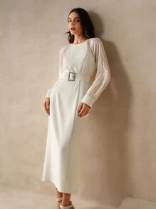 Anewsta Vintage Party Patchwork White Women's Woven Dress With Cinched Waist