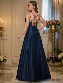 Đầm slip satin dáng chữ A màu trơn thanh lịch dành cho nữ của HOMEYEE, kiểu dáng ôm sát, thích hợp cho các dịp lễ, năm mới, họp mặt, tiệc tùng, tiệc tối trang trọng, tiệc cocktail, hẹn hò, đám cưới, tiệc mùa xuân. - Màu xanh hải quân - Xem 2