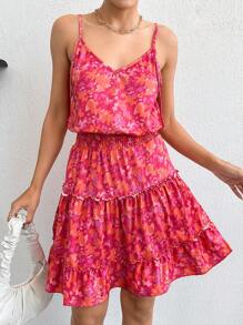 RueChic Woman Belly Gimped All Over Printed Ruffle Dress - Pink - View 1