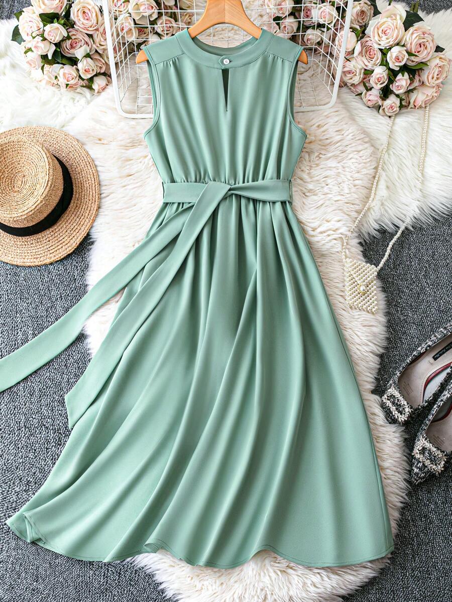 Omancia Women's Summer Holiday Casual Solid Color Sleeveless Dress - Green - View 1