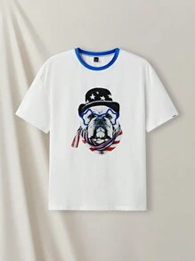 Manfinity VCAY Men's Summer Dog Print Round Neck Short Sleeve Casual T-Shirt And Drawstring Waist Shorts Set