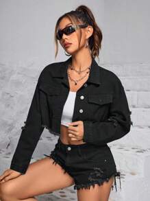 SHEIN Frenchy 女士春秋季超大碼長袖撕破牛仔夾克，配以毛邊下擺，休閒短版 - 黑色 - 查看 5