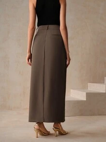 Anewsta Falda larga estrecha tejida de color verde militar de moda para atuendos de mujer en carreras - Verde militar - Ver 5