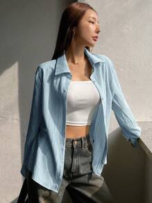 DAZY Solid Color Women's Casual Long Sleeve Button-Down Shirt,Long Sleeve Tops,Fall Clothes - Blue - View 5