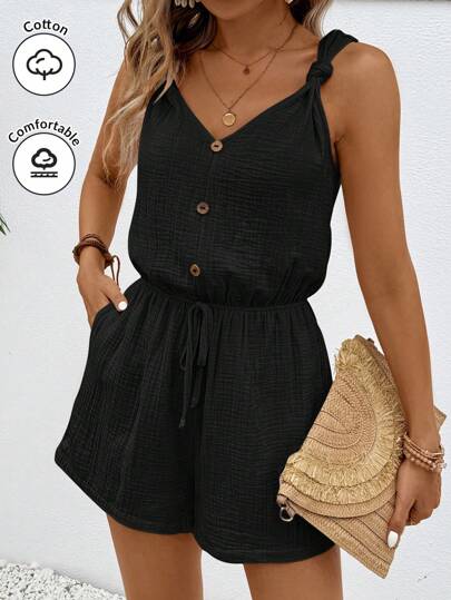 SHEIN Frenchy Frauen Textur-Knopf-Dekor elastischer Bund Sommer einfacher Freizeitanzug Shorts Frauen Romper Shorts Frauen Leinen Jumpsuit Bequemer Jumpsuit