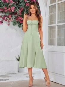 PARTHEA Backless Crisscross Lace Up Ruched Boning Corset Cami Dress