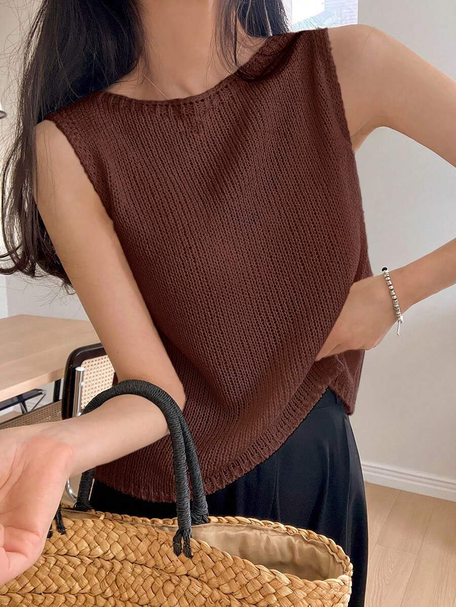 DAZY Camiseta sin mangas con tejido acanalado para mujer, simple y casual para verano - Marrón - Ver 1