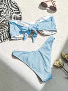 Ladies' Summer Beach 3D Flower Decor Bandeau Sexy Bikini Set - Baby Blue - View 5
