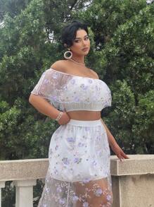Flirla Plus Size Summer Embroidered Off-Shoulder Crop Top & Skirt Set, Romantic Fashion Outfits - Multicolor - View 2