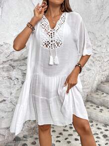 Chiquease Vestido de corte veraniego elegante y conciso para mujeres con corte, bordado y flecos en la cintura - Blanco - Ver 1