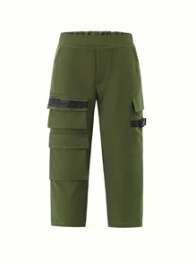 Young Boys' Functional Work Pants With Multiple Pockets And Buckle Woven Belt - Army Green - View 1