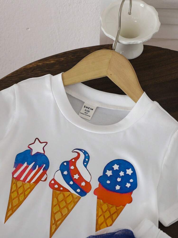 Girls' Casual Short Sleeve Printed T-Shirt + Multicolored Mesh Skirt 2pcs/Set