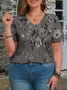 EMERY ROSE Camiseta de talla grande para mujer con escote en V y diseño retro de flores verdes para ocasiones informales de verano - Gris - Ver 4